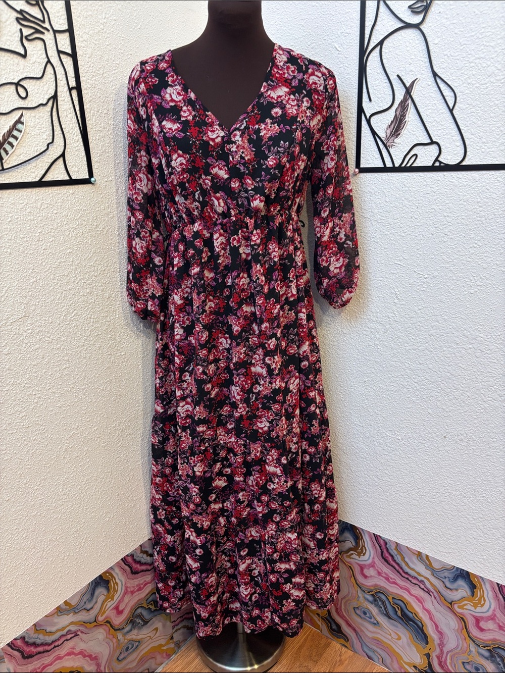 Isabel Maternity by Ingrid & Isabel Black Dress with Pink Floral Print Size S